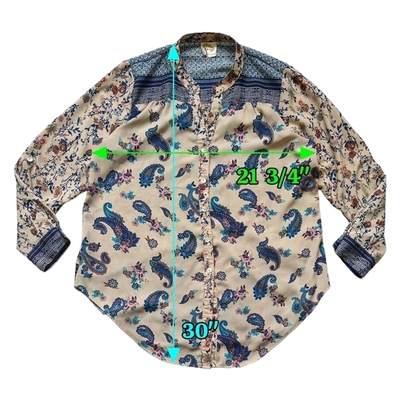 Fig & Flower Tan Blue Boho Floral Paisley Button-Up Blouse Roll Tab Sleeve - Picture 3 of 8